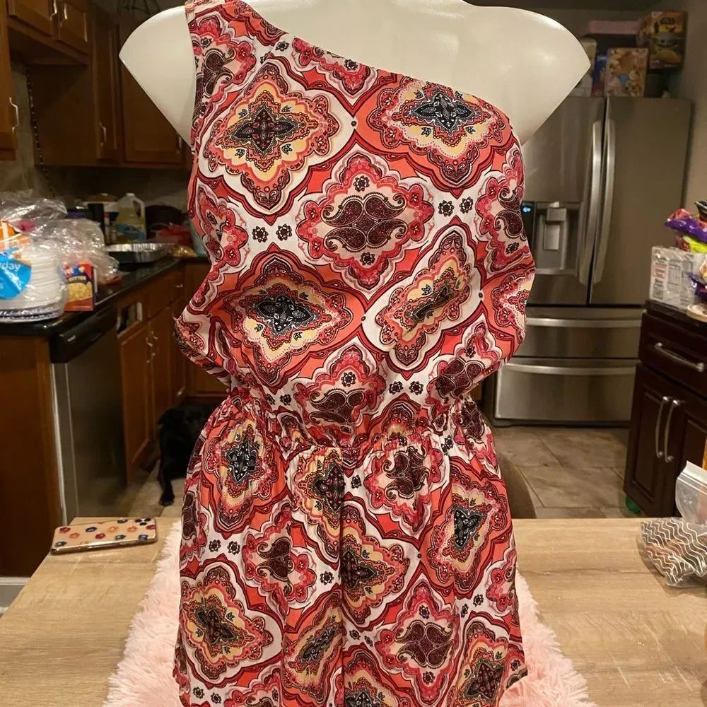 Charlotte Russe Orange Paisley One Shoulder Romper Womens Size Medium M Elastic